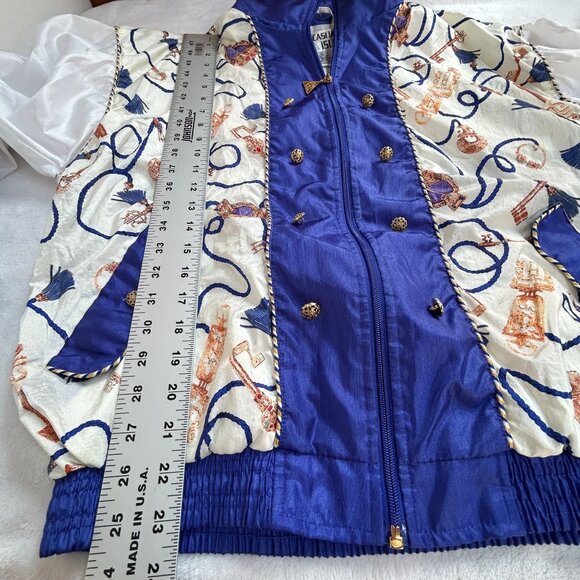 Vintage 90s Casual Isle Bomber Jacket Womens Medium Gold Chain Print Blue White - Picture 7 of 7